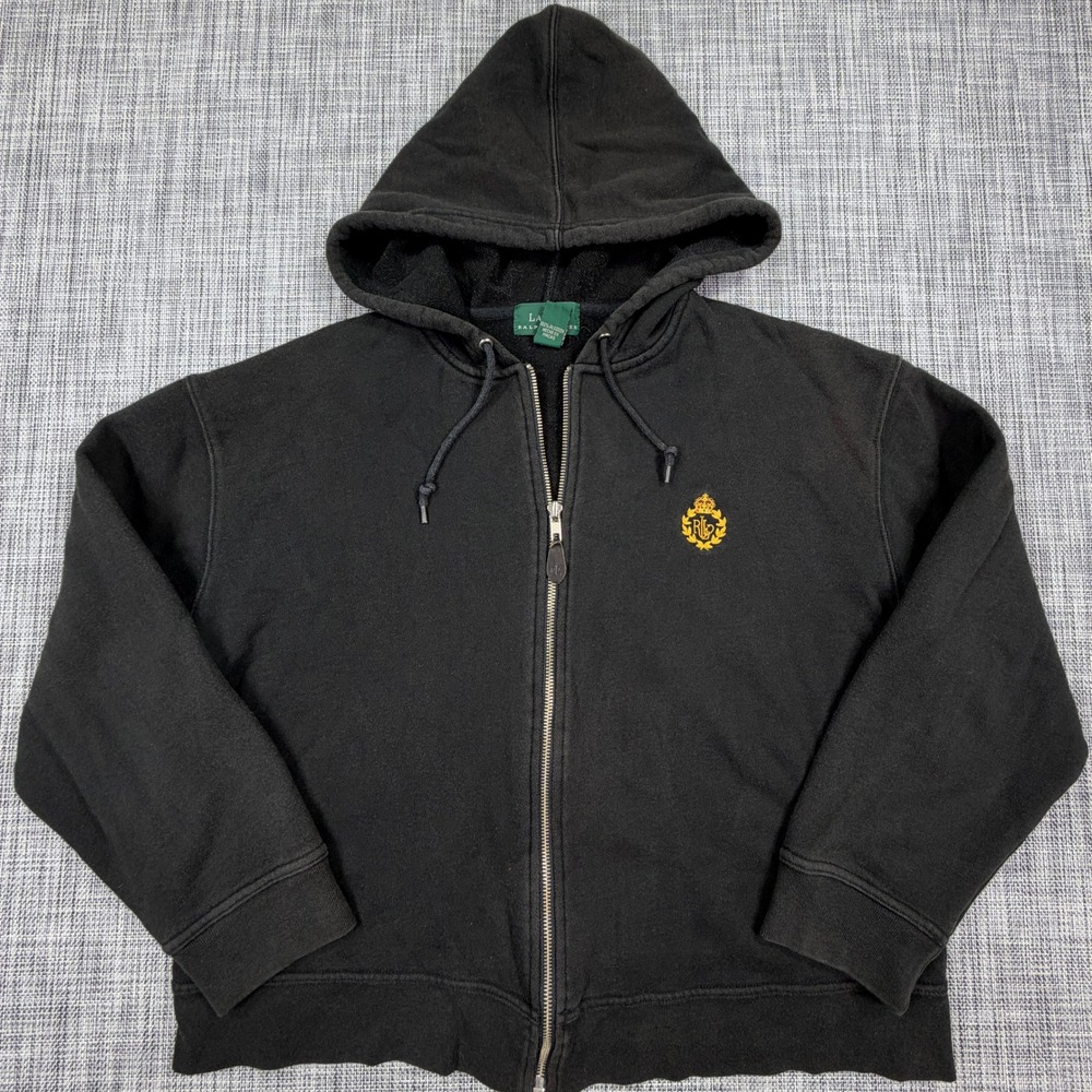 Lauren Ralph Lauren Womens Cropped Hoodie L Black 100% Cotton Full Zip Crest